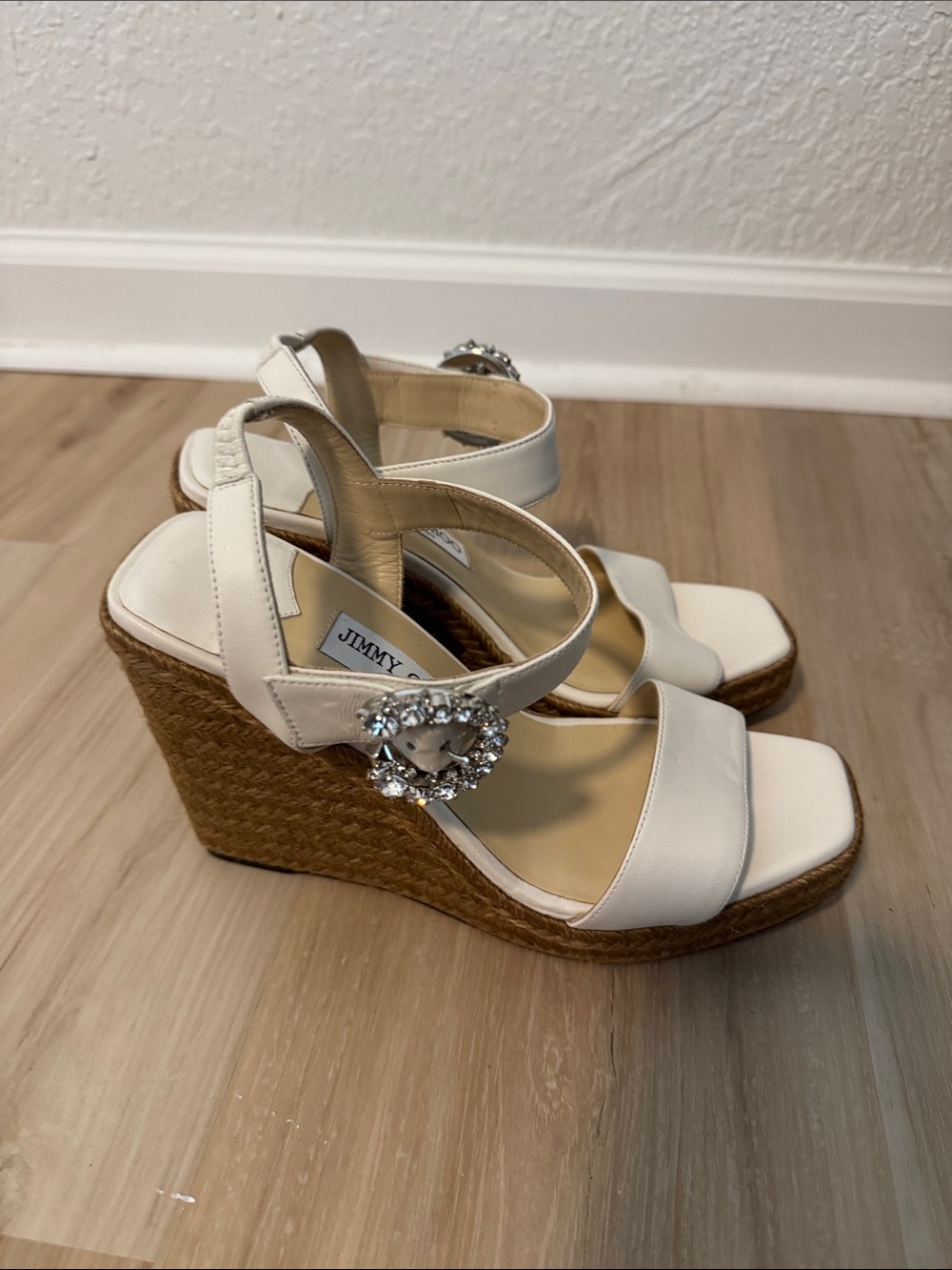 Jimmy Choo White Espadrille Wedge Sandals with Crystal Buckle - Picture 4 of 5
